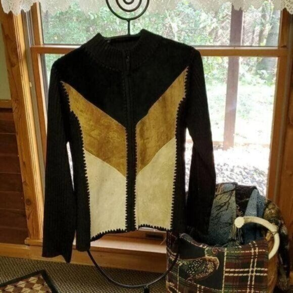 Designers Originals Studio Vintage Leather Embellish LS Zip Sz M Sweater Jacket - Picture 1 of 11